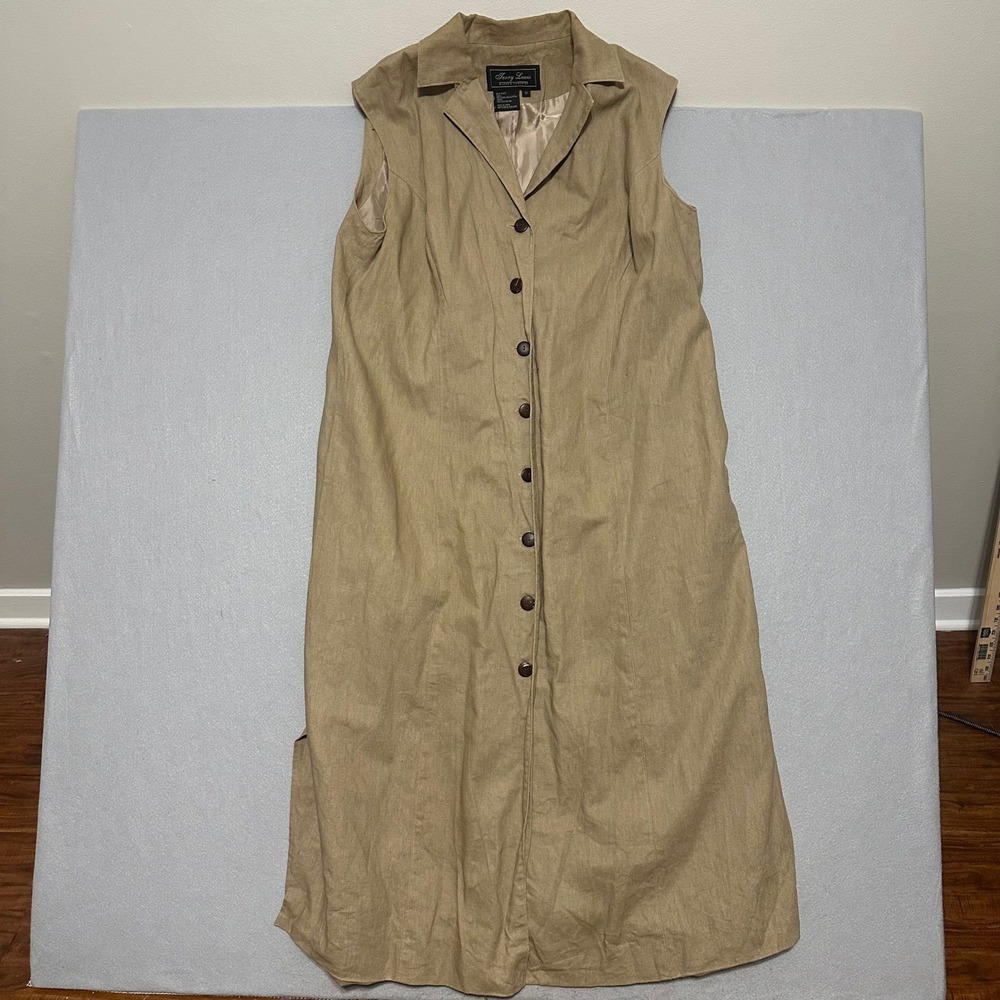 Terry Lewis Classic Luxuries Tan Linen Cotton Sleeveless Maxi Button Dress 1X